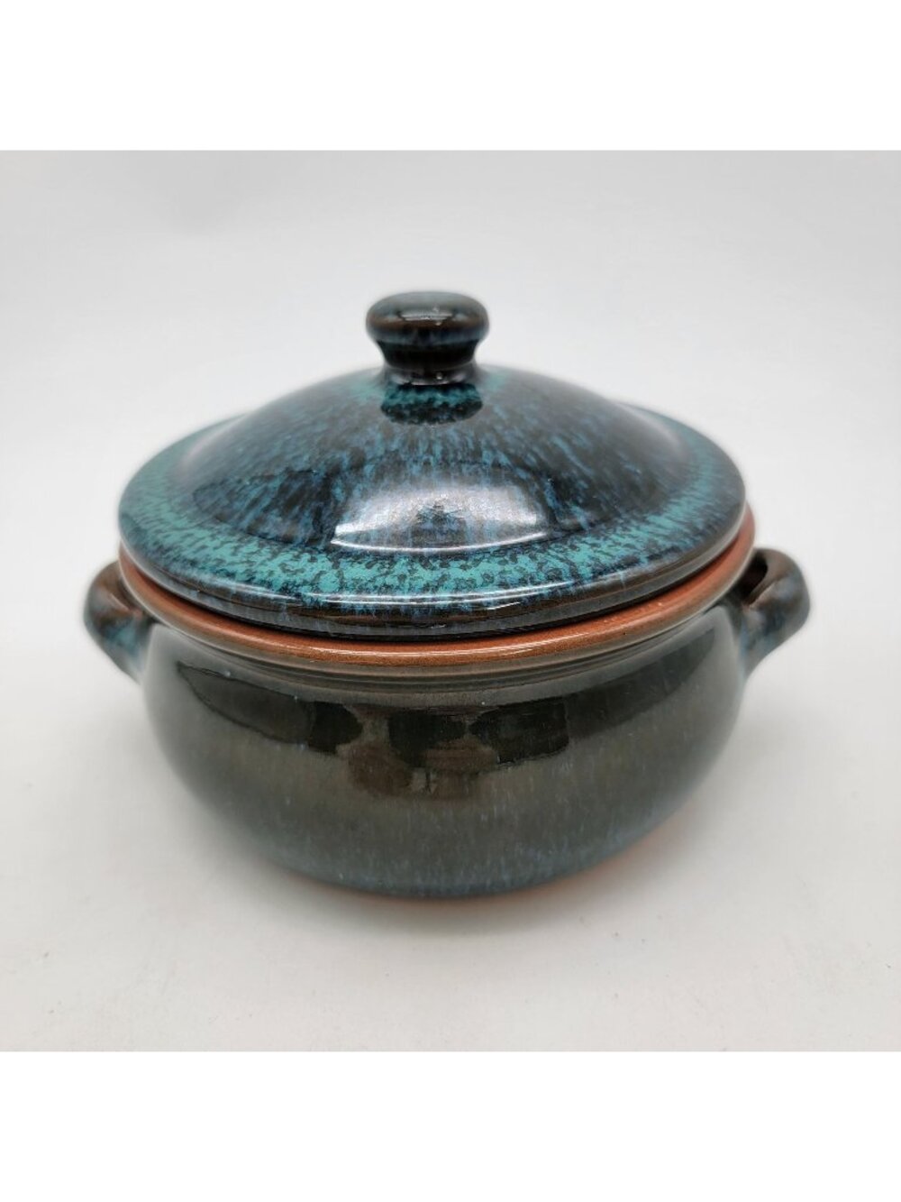Handcrafted  Spanish Terracotta Art Pottery Bean Pot With Lid Peacock Blue Glaze